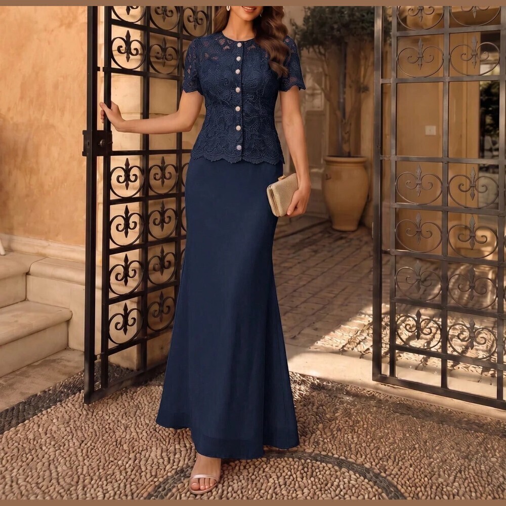 Navy Blue Crochet Lace Button Front Scalloped Hem Mermaid Maxi Dress
